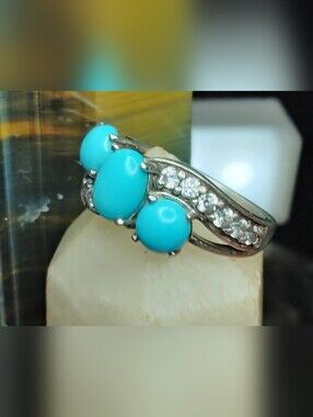 -3-STONE, SLEEPING BEAUTY TURQUOISE,& PURE WHITE TOPAZ. STERLING RING. SIZE 5)